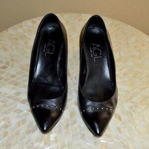 AGL Attilio Giusti Leombruni Tracy Black Leather Studded Pointed Toe Pumps 36.5